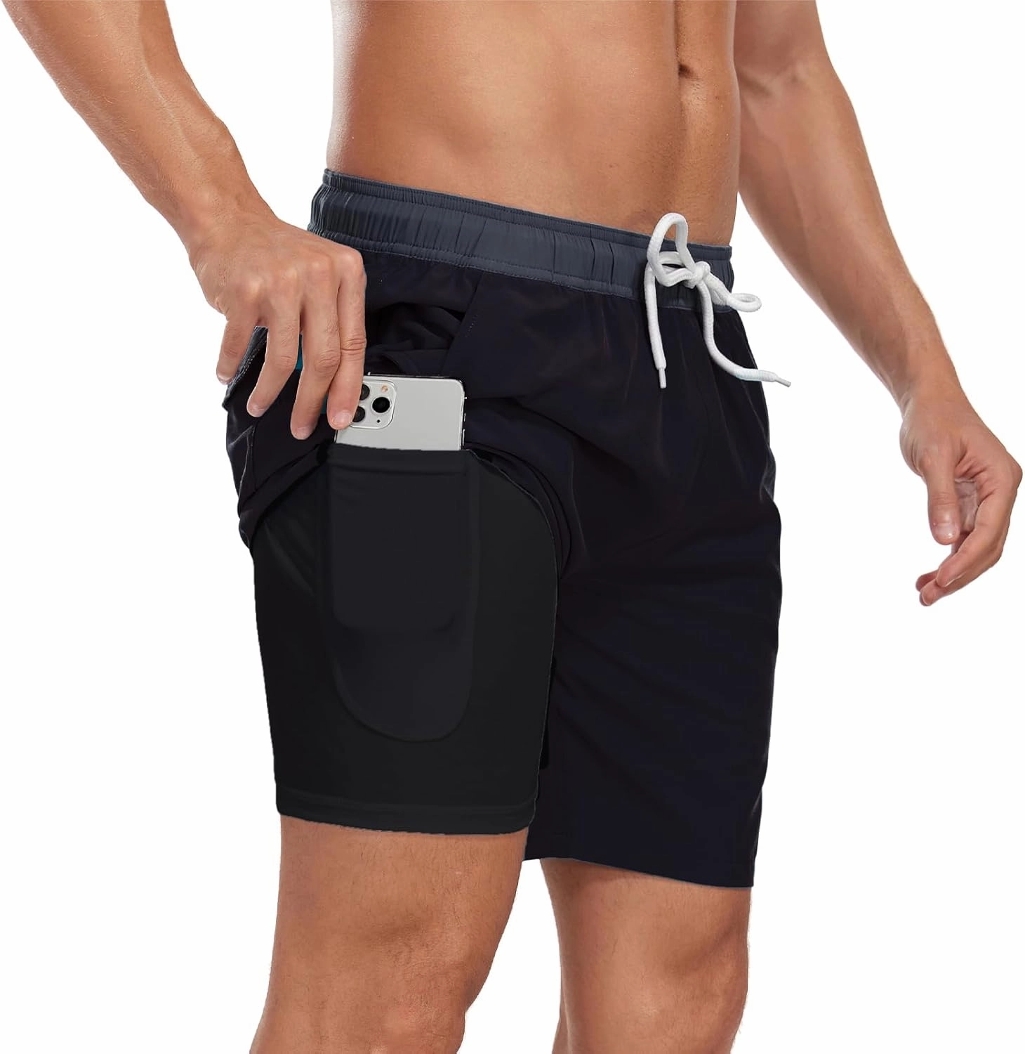 Mens Swim Trunks with Compression Liner 7 inch Inseam Quick Dry 2 in 1 Beach Board Shorts with Pockets S-3XL