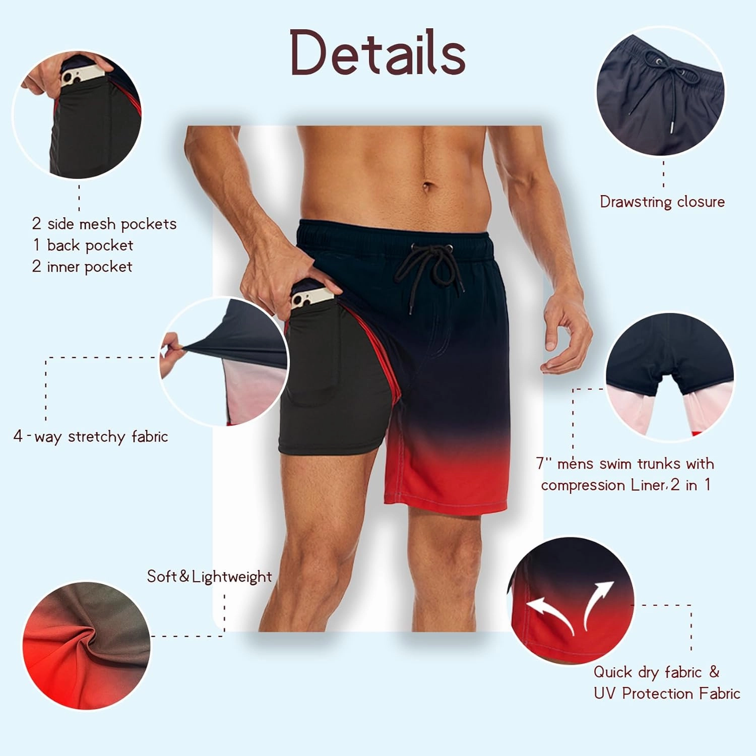 Mens Swim Trunks with Compression Liner 7 inch Inseam Quick Dry 2 in 1 Beach Board Shorts with Pockets S-3XL