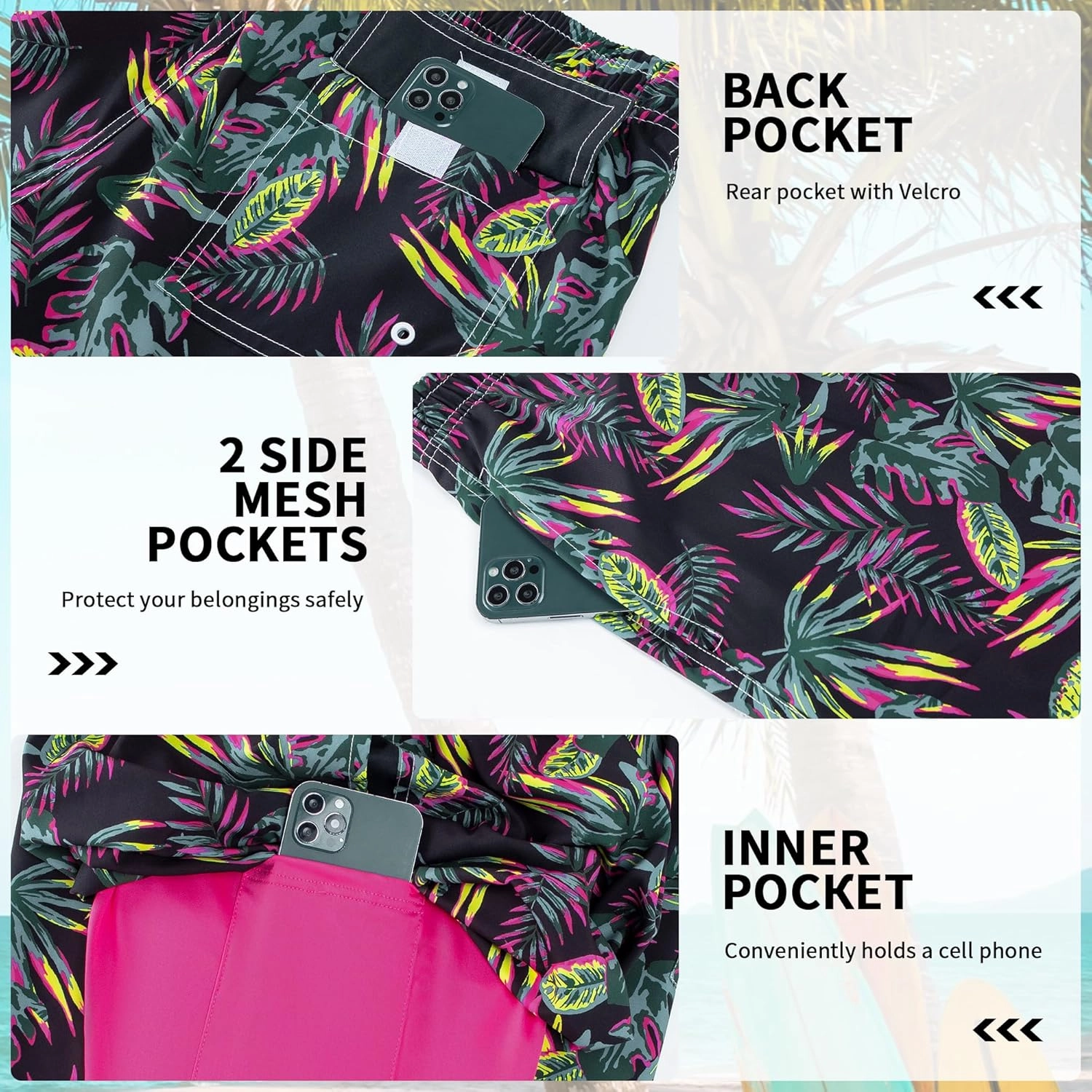 Mens Swim Trunks with Compression Liner 9" Stretch Board Shorts 2 in 1 Quick Dry Swimwear Bathing Suits