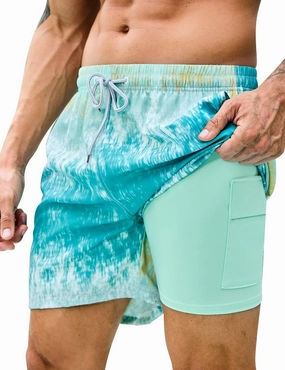 Mens Swim Trunks with Compression Liner Bathing Suits 2 Pack Quick Dry Stretch Beach Shorts 7 inch Inseam Swimwear