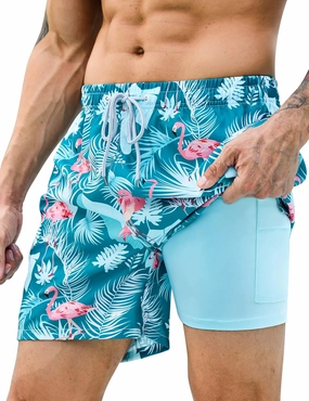 Mens Swim Trunks with Compression Liner Bathing Suits 2 Pack Quick Dry Stretch Beach Shorts 7 inch Inseam Swimwear
