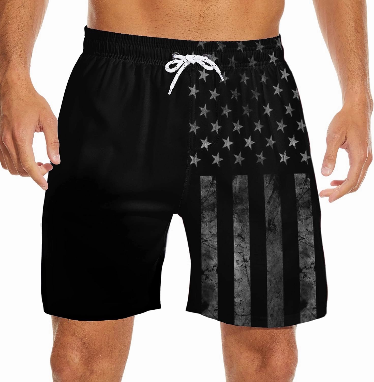 Mens Swim Trunks with Liner Breathable Compression Swim Shorts with 3 Pockets Flag Bathing Suit for Beach
