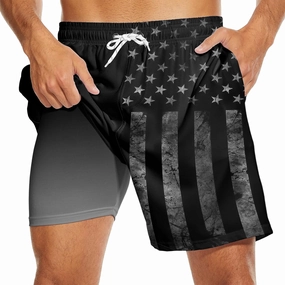 Mens Swim Trunks with Liner Breathable Compression Swim Shorts with 3 Pockets Flag Bathing Suit for Beach