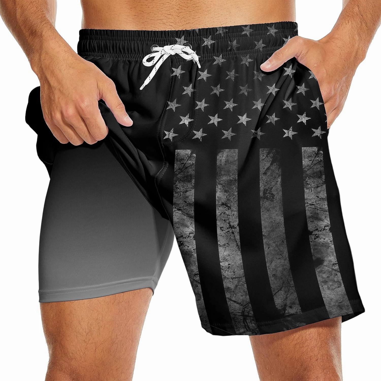 Mens Swim Trunks with Liner Breathable Compression Swim Shorts with 3 Pockets Flag Bathing Suit for Beach