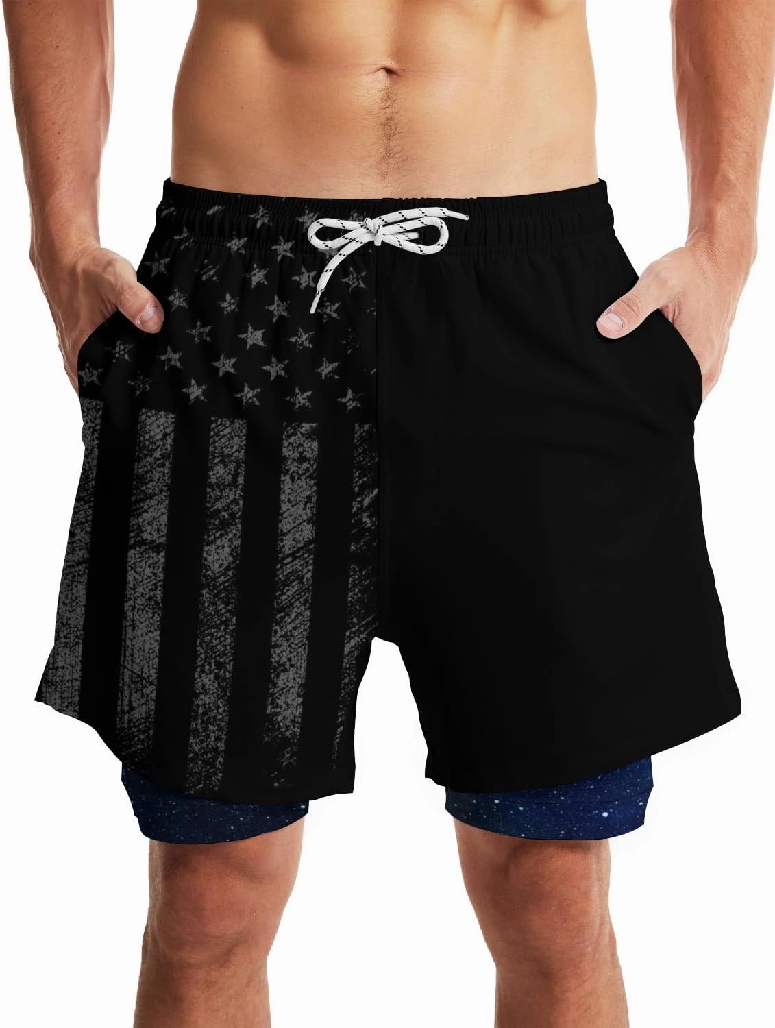 Mens Swim Trunks with Liner Breathable Compression Swim Shorts with 3 Pockets Flag Bathing Suit for Beach