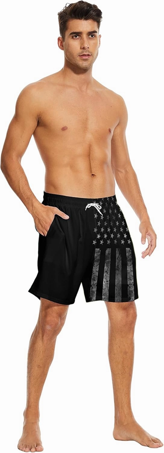 Mens Swim Trunks with Liner Breathable Compression Swim Shorts with 3 Pockets Flag Bathing Suit for Beach