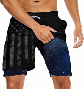 Mens Swim Trunks with Liner Breathable Compression Swim Shorts with 3 Pockets Flag Bathing Suit for Beach