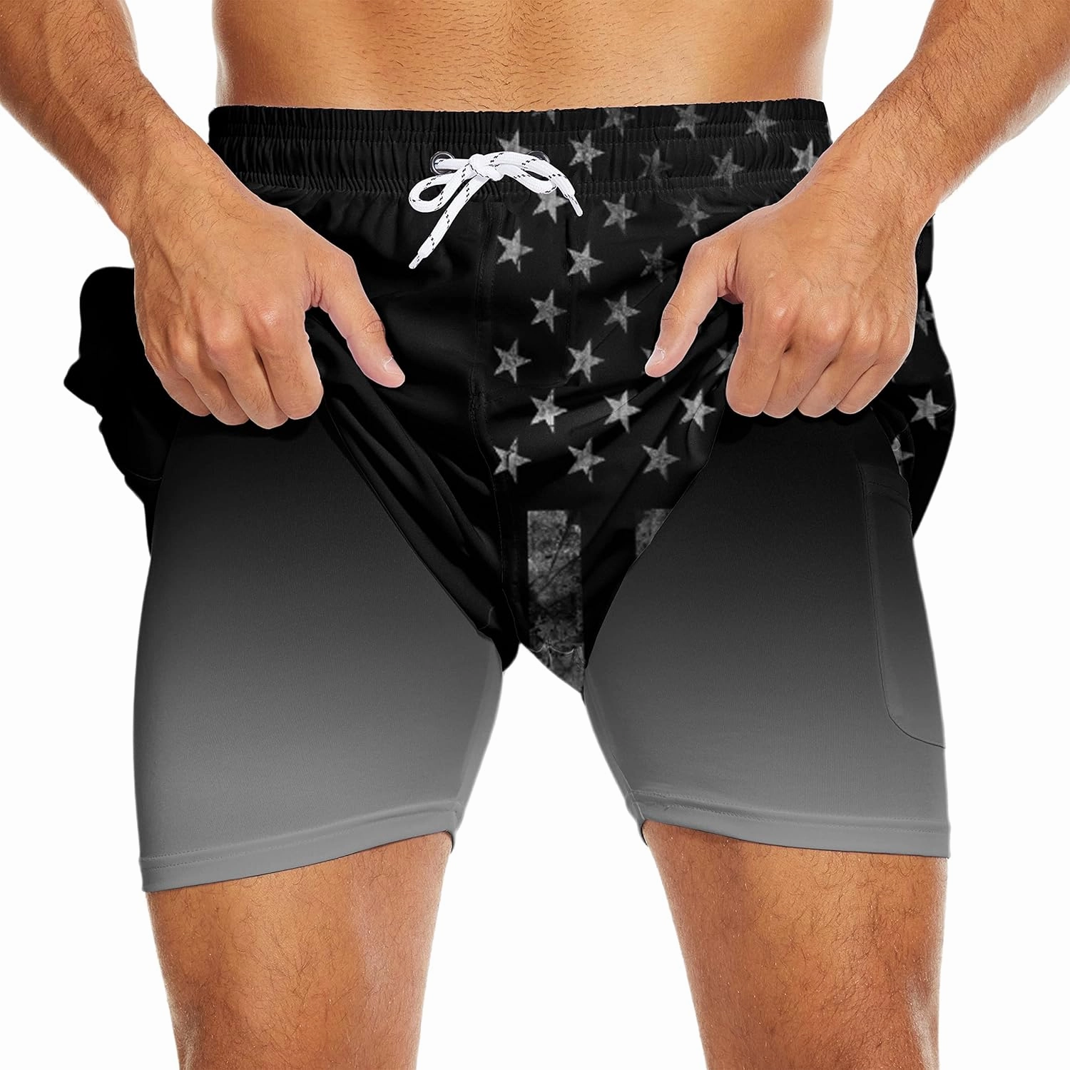 Mens Swim Trunks with Liner Breathable Compression Swim Shorts with 3 Pockets Flag Bathing Suit for Beach