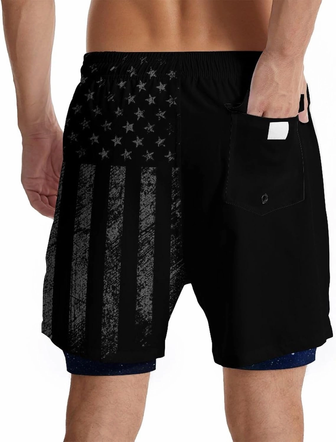 Mens Swim Trunks with Liner Breathable Compression Swim Shorts with 3 Pockets Flag Bathing Suit for Beach