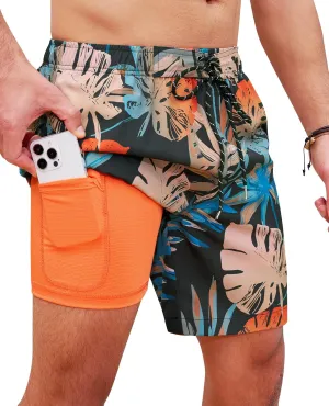 Milin Naco Mens Swim Trunks 7 Inch Inseam Compression Liner 2 in 1 Printed Swimming Short