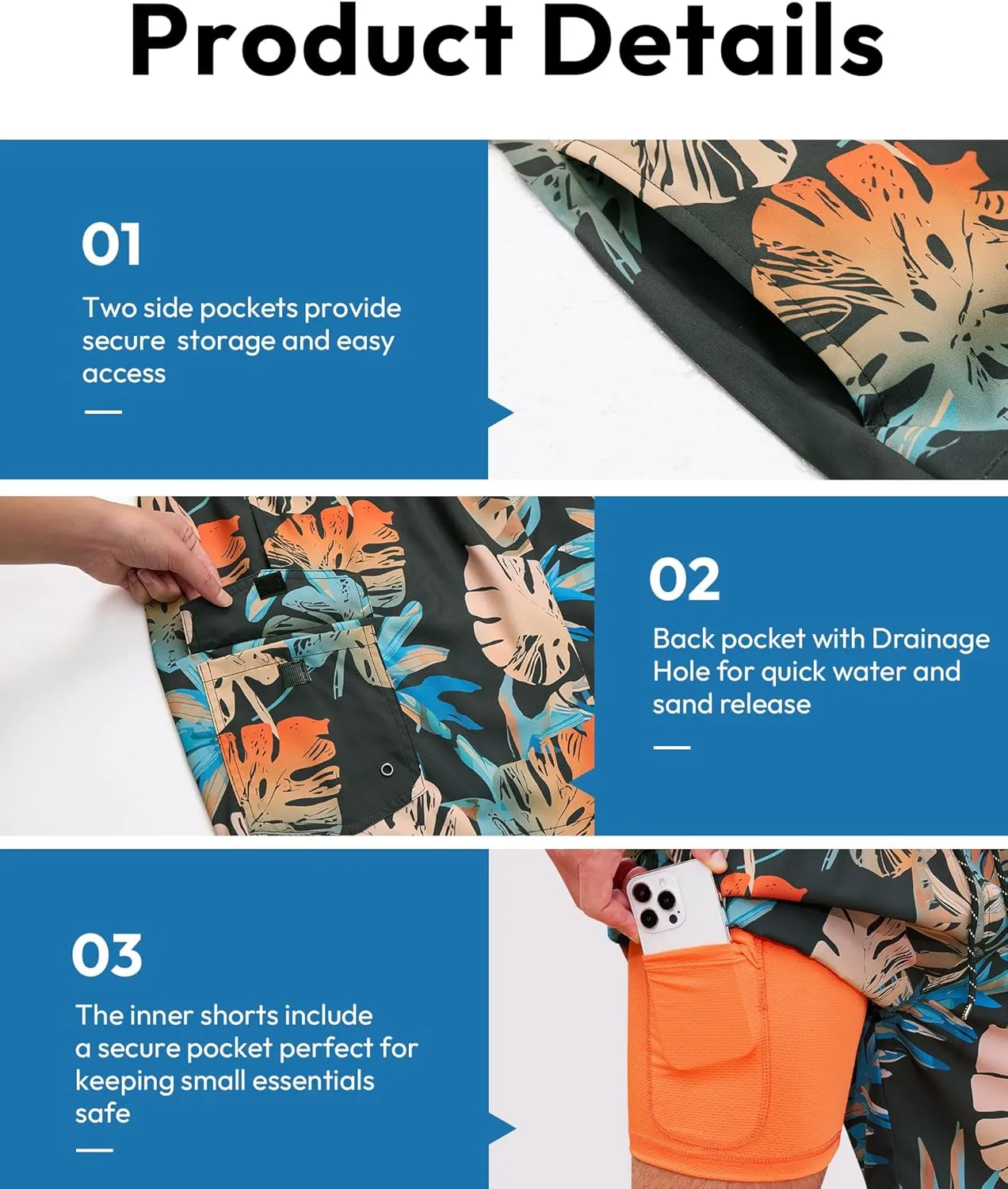 Milin Naco Mens Swim Trunks 7 Inch Inseam Compression Liner 2 in 1 Printed Swimming Short