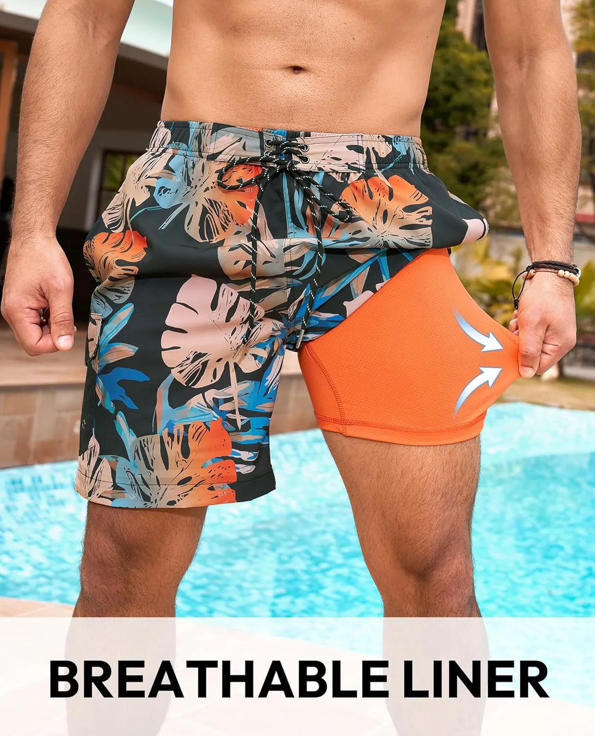 Milin Naco Mens Swim Trunks 7 Inch Inseam Compression Liner 2 in 1 Printed Swimming Short