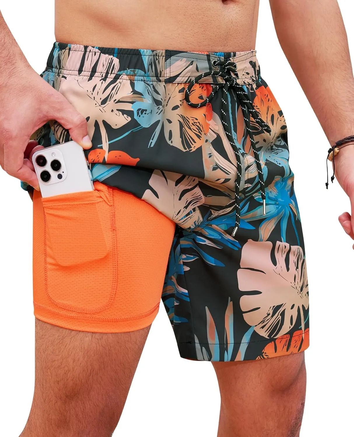 Milin Naco Mens Swim Trunks 7 Inch Inseam Compression Liner 2 in 1 Printed Swimming Short