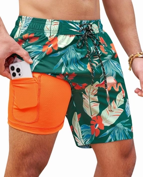 Milin Naco Mens Swim Trunks 7 Inch Inseam Compression Liner 2 in 1 Printed Swimming Short