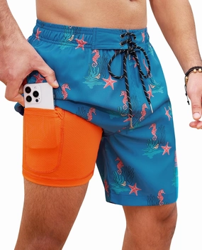 Milin Naco Mens Swim Trunks 7 Inch Inseam Compression Liner 2 in 1 Printed Swimming Short