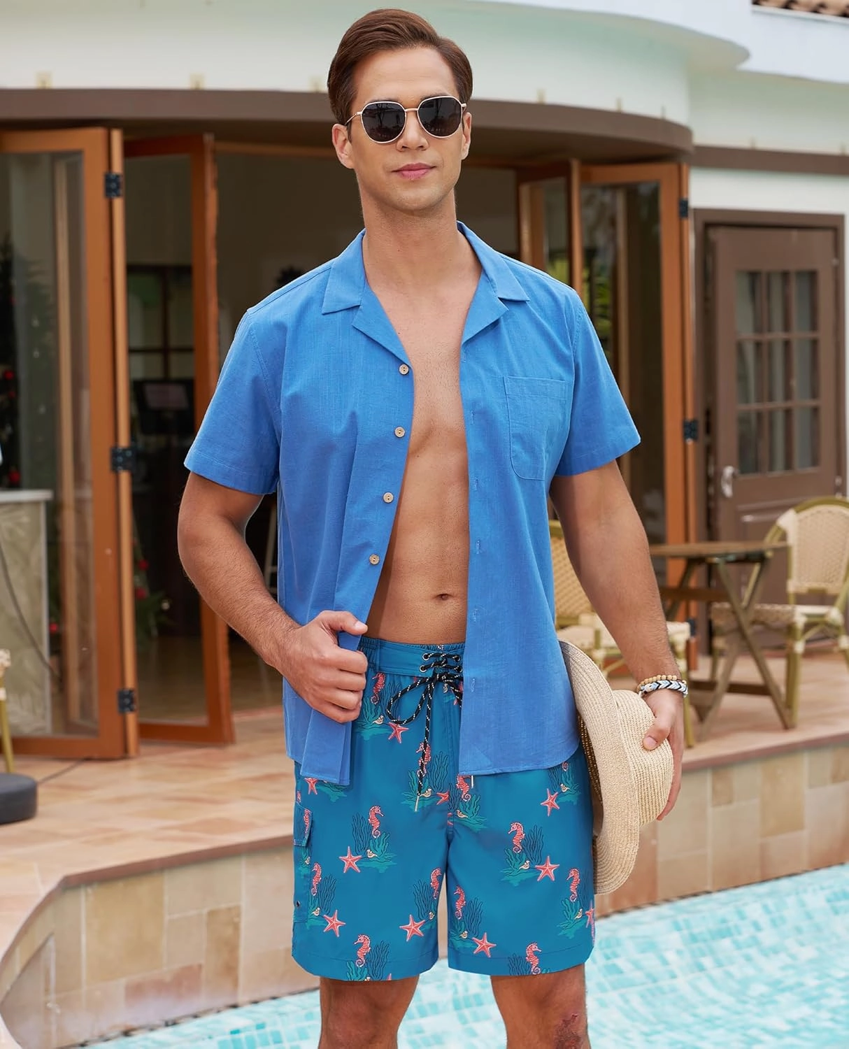 Milin Naco Mens Swim Trunks 7 Inch Inseam Compression Liner 2 in 1 Printed Swimming Short