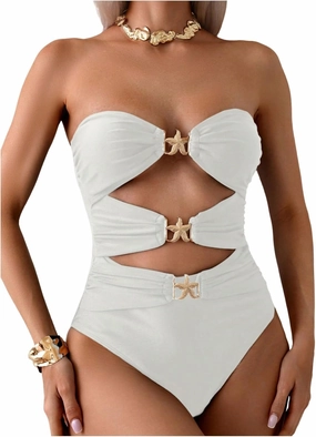 Milumia Women's Metal Starfish Cut Out Strapless Bathing Suit Ruched Bandeau Tube Top One Piece Swimsuits
