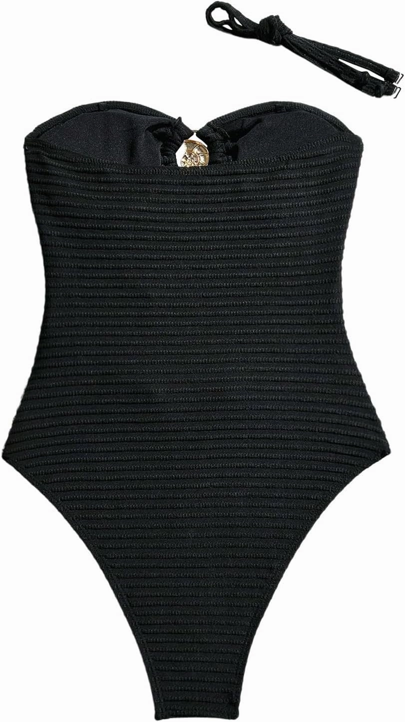 Milumia Women's One Piece Cut Out Ring Swimsuit Bandeau Textured Bathing Suit with Straps