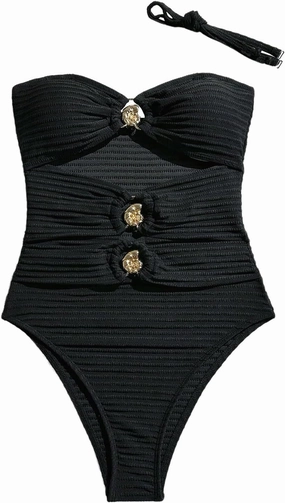 Milumia Women's One Piece Cut Out Ring Swimsuit Bandeau Textured Bathing Suit with Straps