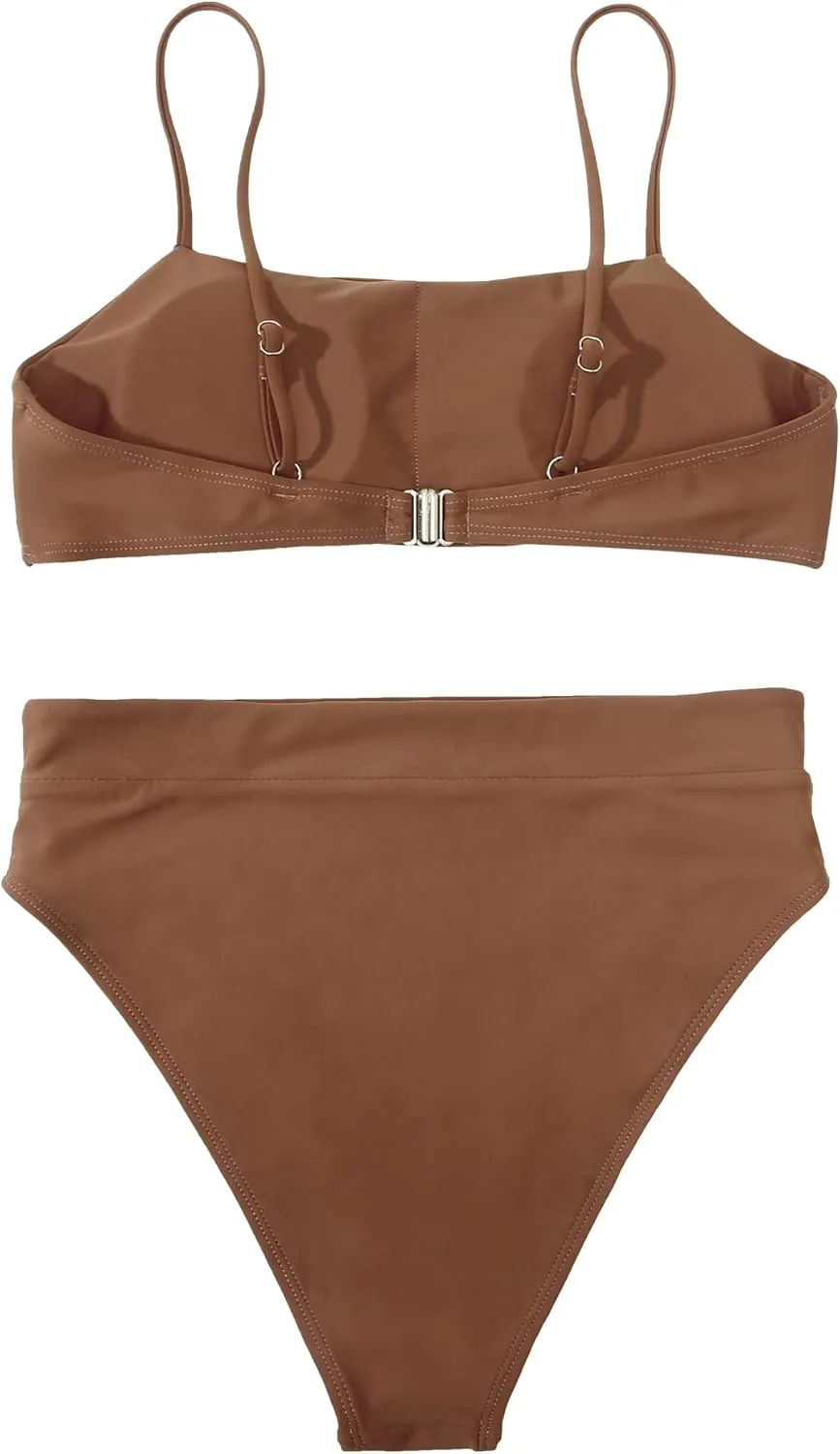 MOSHENGQI Women High Wasited Bikini Shoulder Strap 2 Piece High Cut String Swimsuits