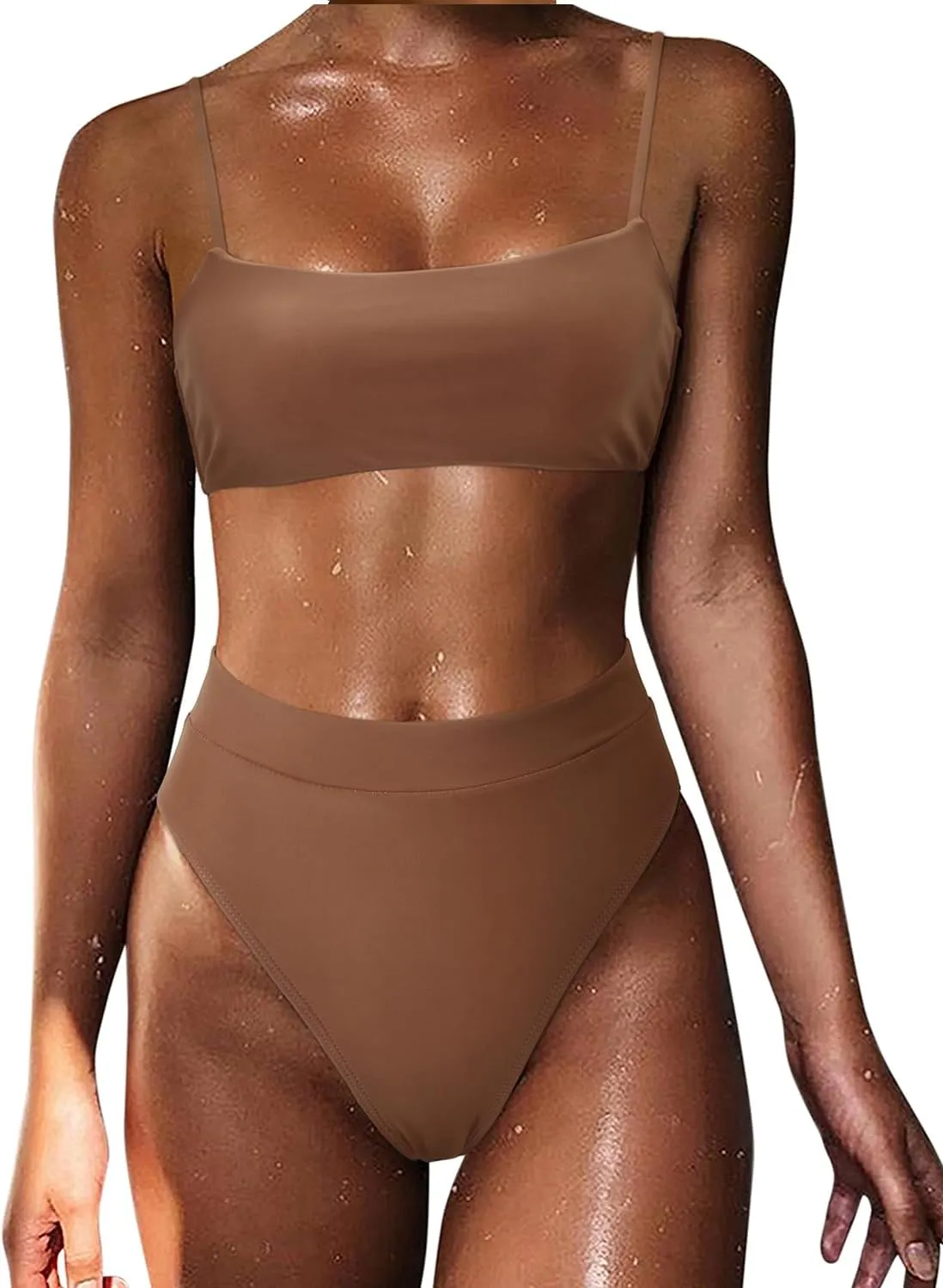 MOSHENGQI Women High Wasited Bikini Shoulder Strap 2 Piece High Cut String Swimsuits