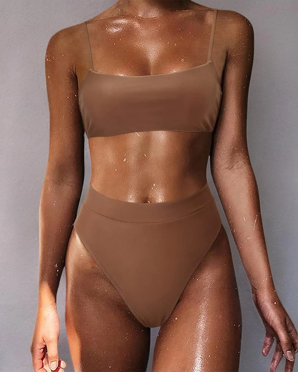 MOSHENGQI Women High Wasited Bikini Shoulder Strap 2 Piece High Cut String Swimsuits