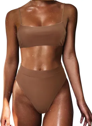 MOSHENGQI Women High Wasited Bikini Shoulder Strap 2 Piece High Cut String Swimsuits