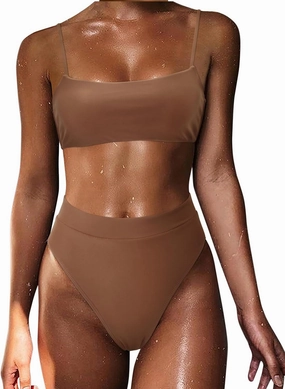 MOSHENGQI Women High Wasited Bikini Shoulder Strap 2 Piece High Cut String Swimsuits