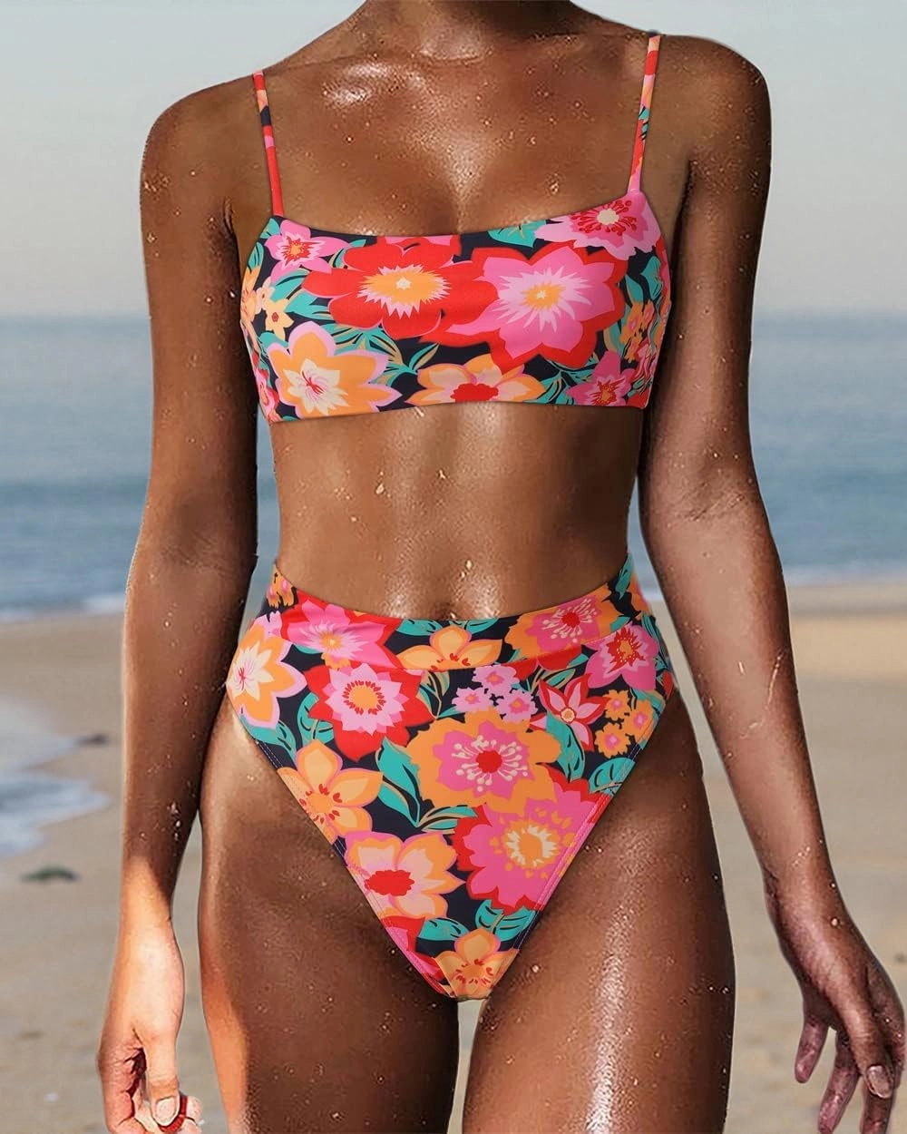 MOSHENGQI Women High Wasited Bikini Shoulder Strap 2 Piece High Cut String Swimsuits