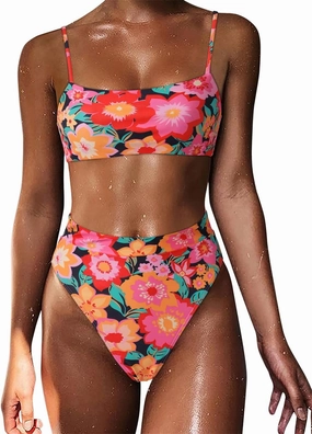 MOSHENGQI Women High Wasited Bikini Shoulder Strap 2 Piece High Cut String Swimsuits