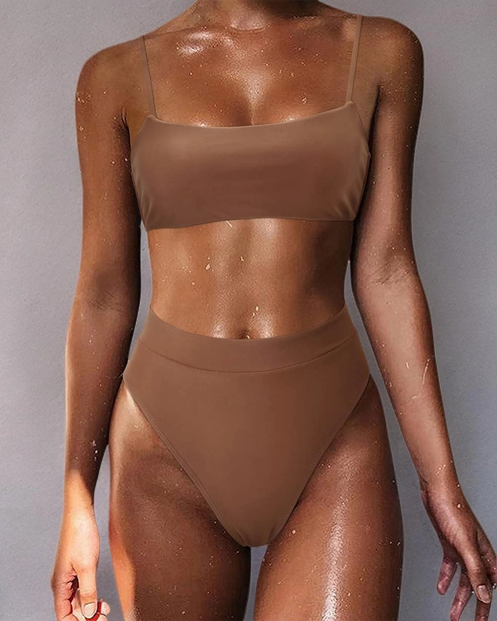 MOSHENGQI Women High Wasited Bikini Shoulder Strap 2 Piece High Cut String Swimsuits