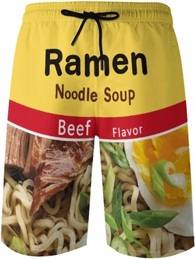 Novelty Swim Trunks for Men, Ramen Noddle Soup Print Funny Quick Dry Board Shorts Swimwear Beach Short Bathing Suits