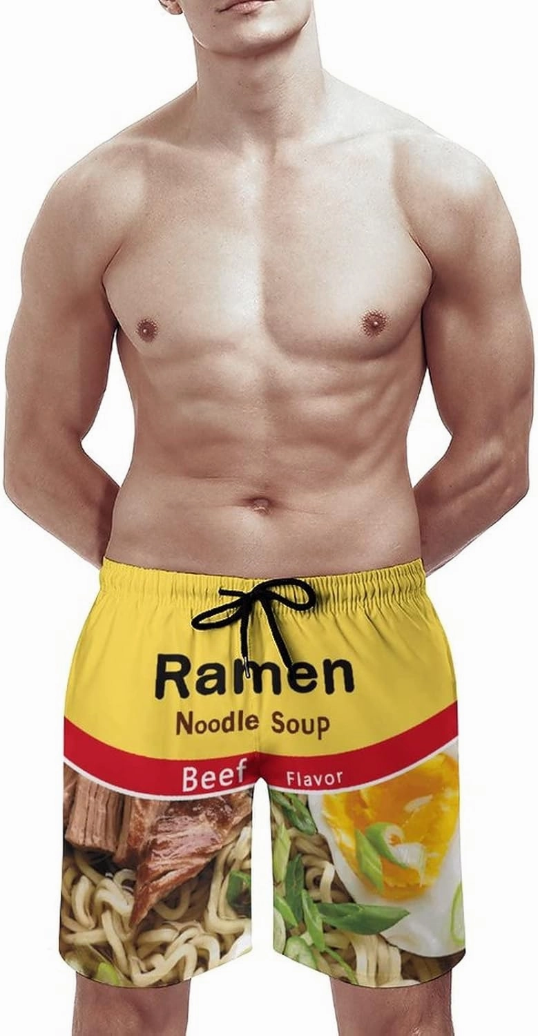 Novelty Swim Trunks for Men, Ramen Noddle Soup Print Funny Quick Dry Board Shorts Swimwear Beach Short Bathing Suits