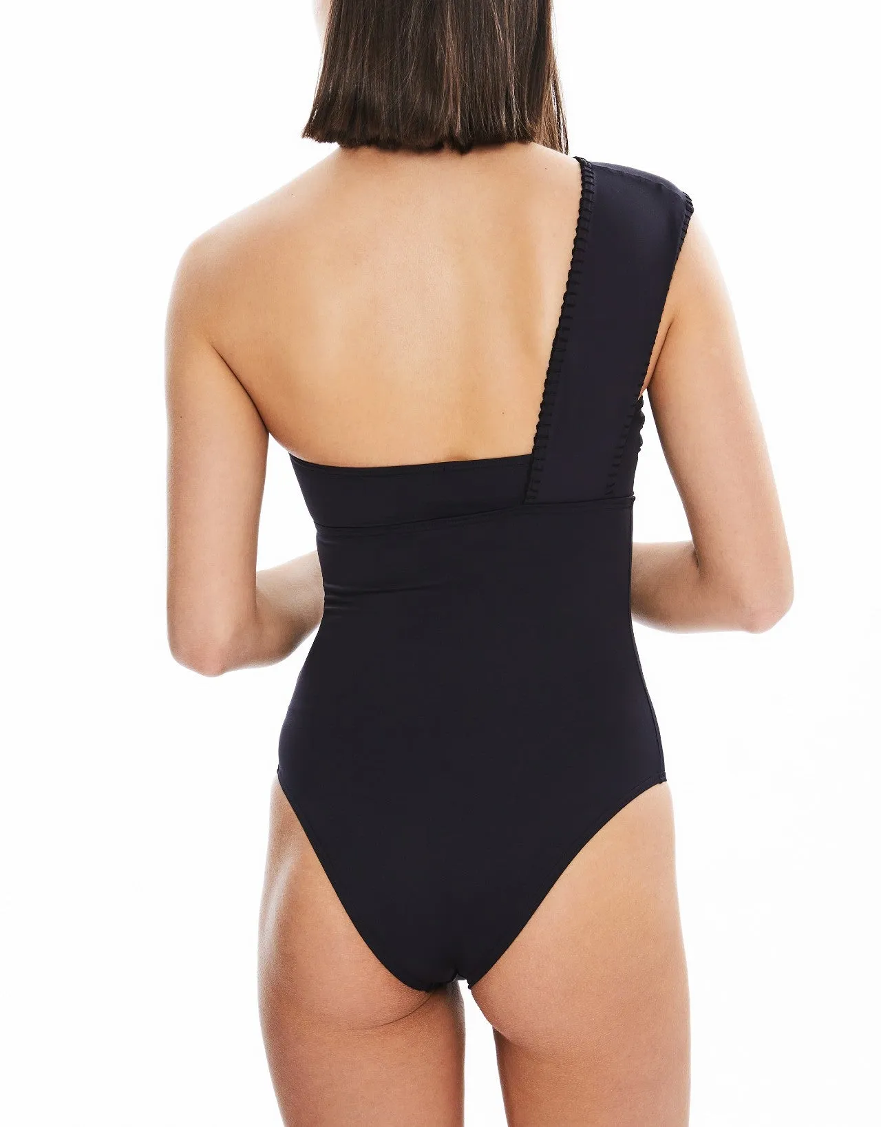 Olivia Hand Embroidered  One Shoulder One Piece Black