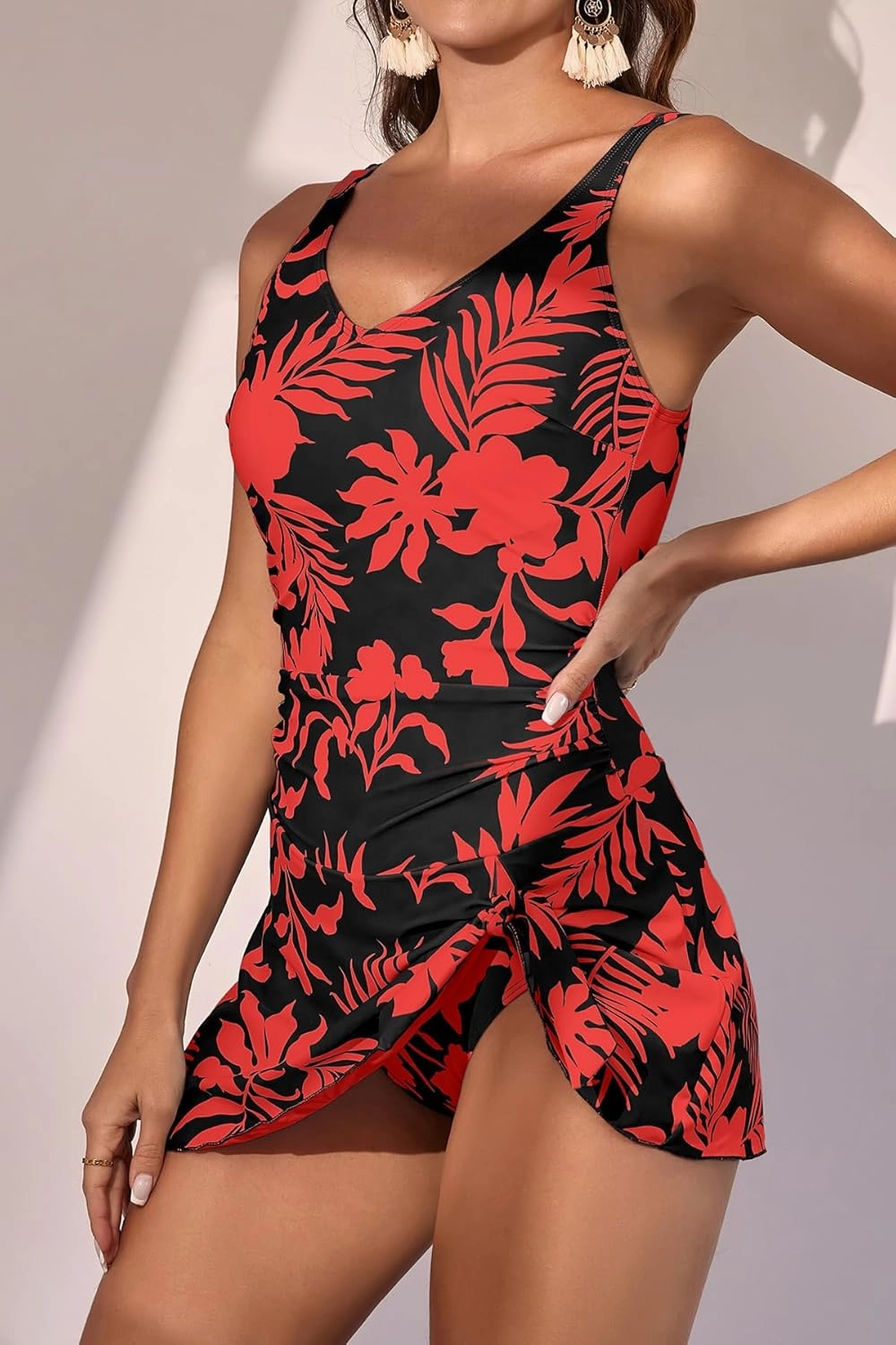 One Piece Swim Dress Swimsuits for Women Tummy Control Swimdress Skirt V Neck Bathing Suit