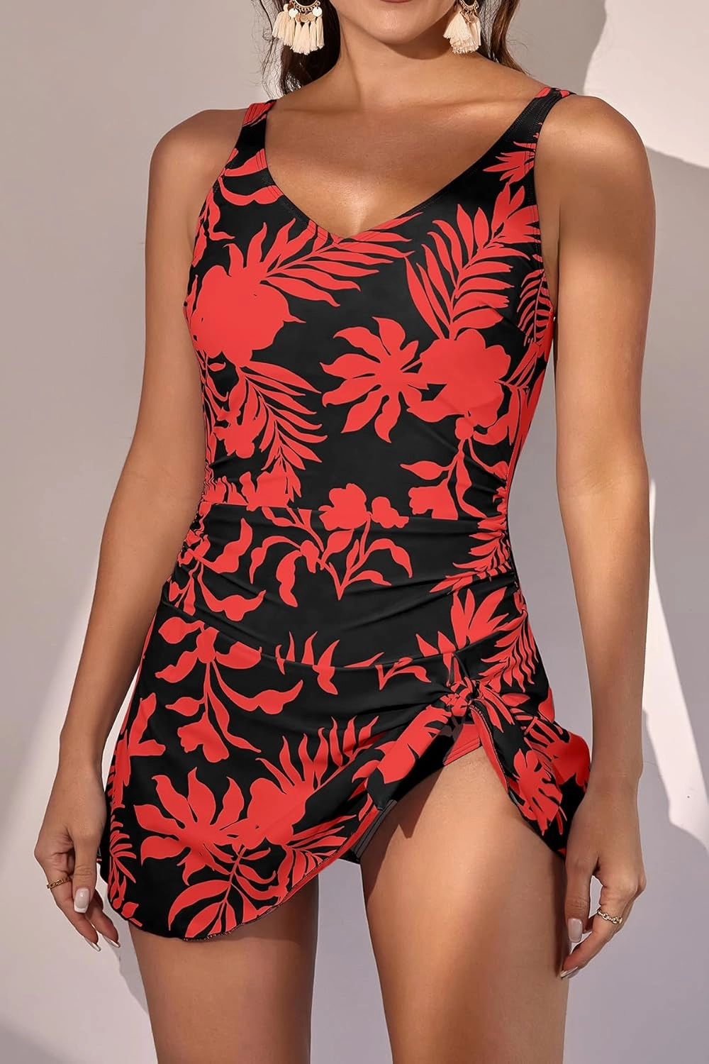 One Piece Swim Dress Swimsuits for Women Tummy Control Swimdress Skirt V Neck Bathing Suit