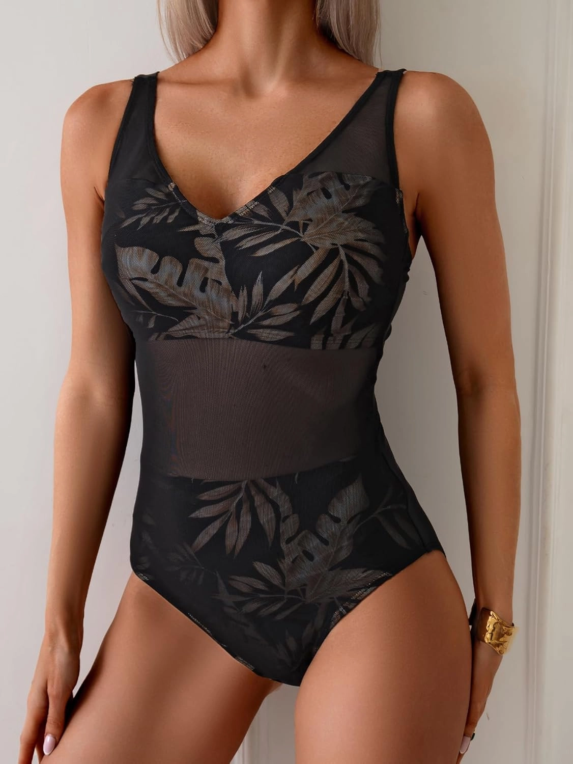 One Piece Swimsuit for Women Mesh Tummy Control Bathing Suit V Neck Slimming Swimwear