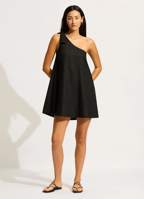 One Shoulder Mini Dress        - Black