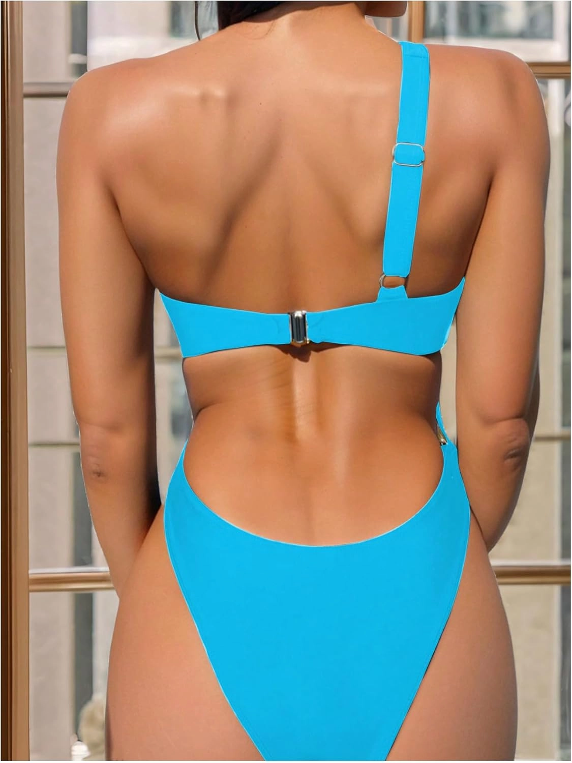 OYOANGLE Women's Ring Linked Cut Out One Shoulder One Piece Swimsuit High Cut Bathing Suits