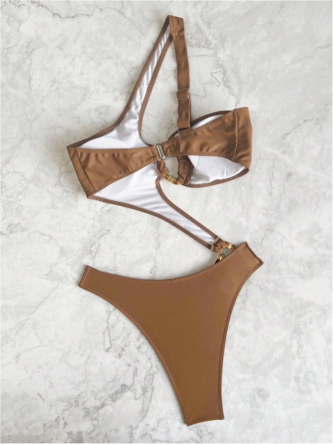 OYOANGLE Women's Ring Linked Cut Out One Shoulder One Piece Swimsuit High Cut Bathing Suits