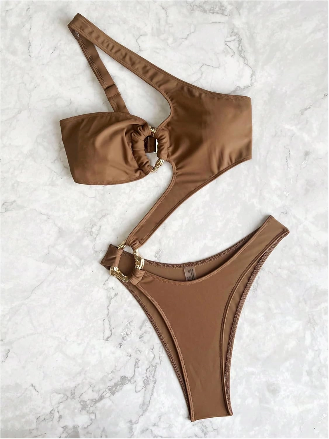 OYOANGLE Women's Ring Linked Cut Out One Shoulder One Piece Swimsuit High Cut Bathing Suits