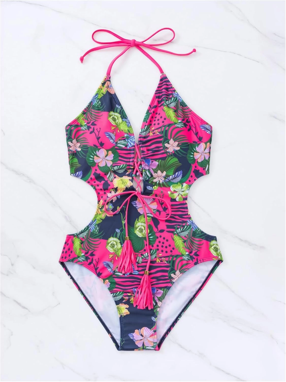 OYOANGLE Women's Tropical Lace Up Cut Out Monokini Swimsuit Tie Backless Halter One Piece Swimwear