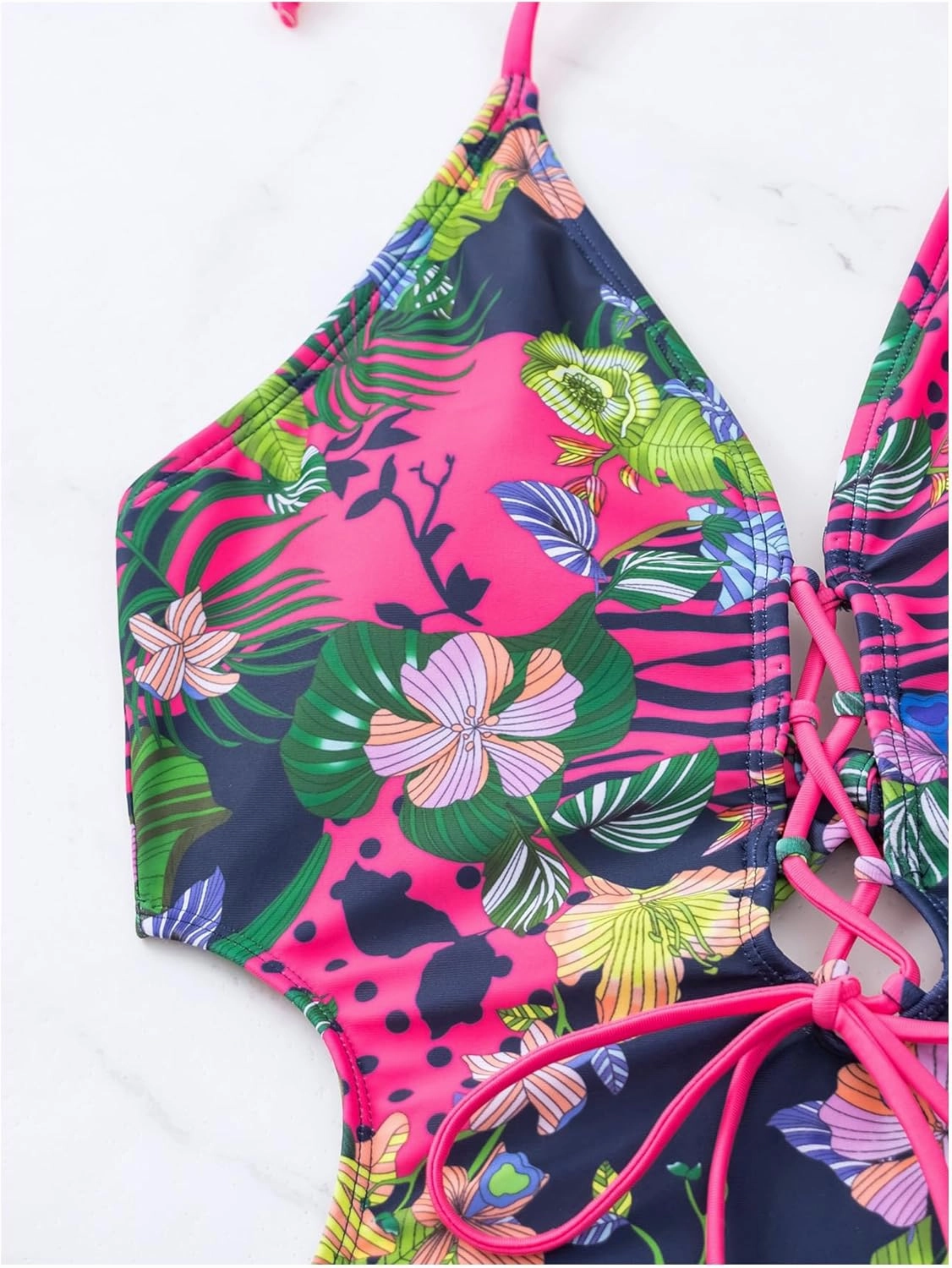 OYOANGLE Women's Tropical Lace Up Cut Out Monokini Swimsuit Tie Backless Halter One Piece Swimwear