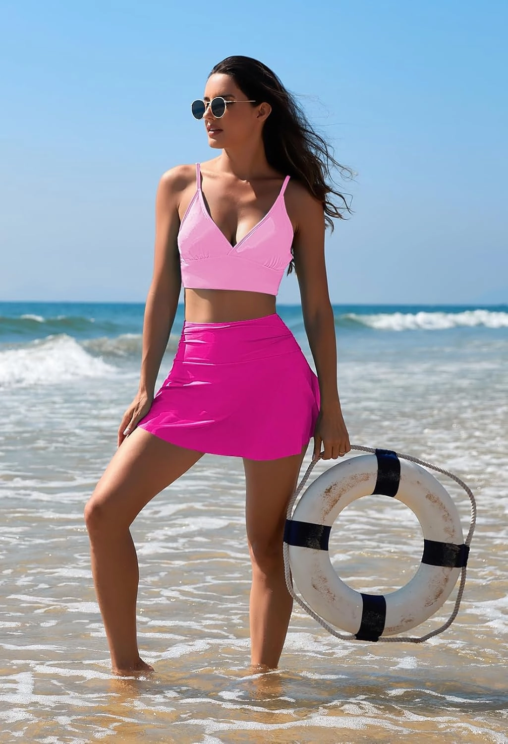 Pink Queen Women's High Waisted Bikini Set Two Piece Swimsuit V Neck Spaghetti Straps Swim Skirt Bathing Suit