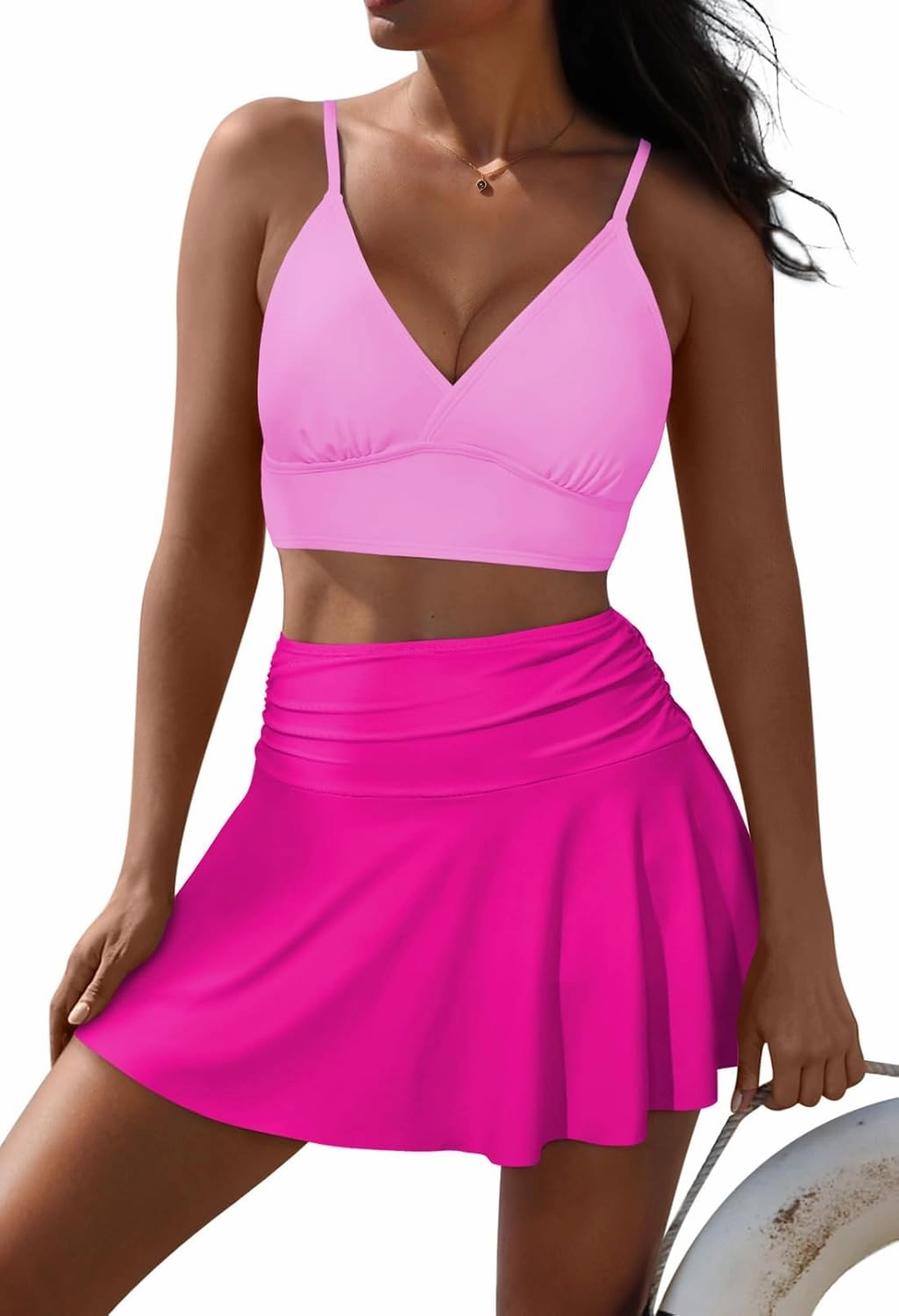 Pink Queen Women's High Waisted Bikini Set Two Piece Swimsuit V Neck Spaghetti Straps Swim Skirt Bathing Suit
