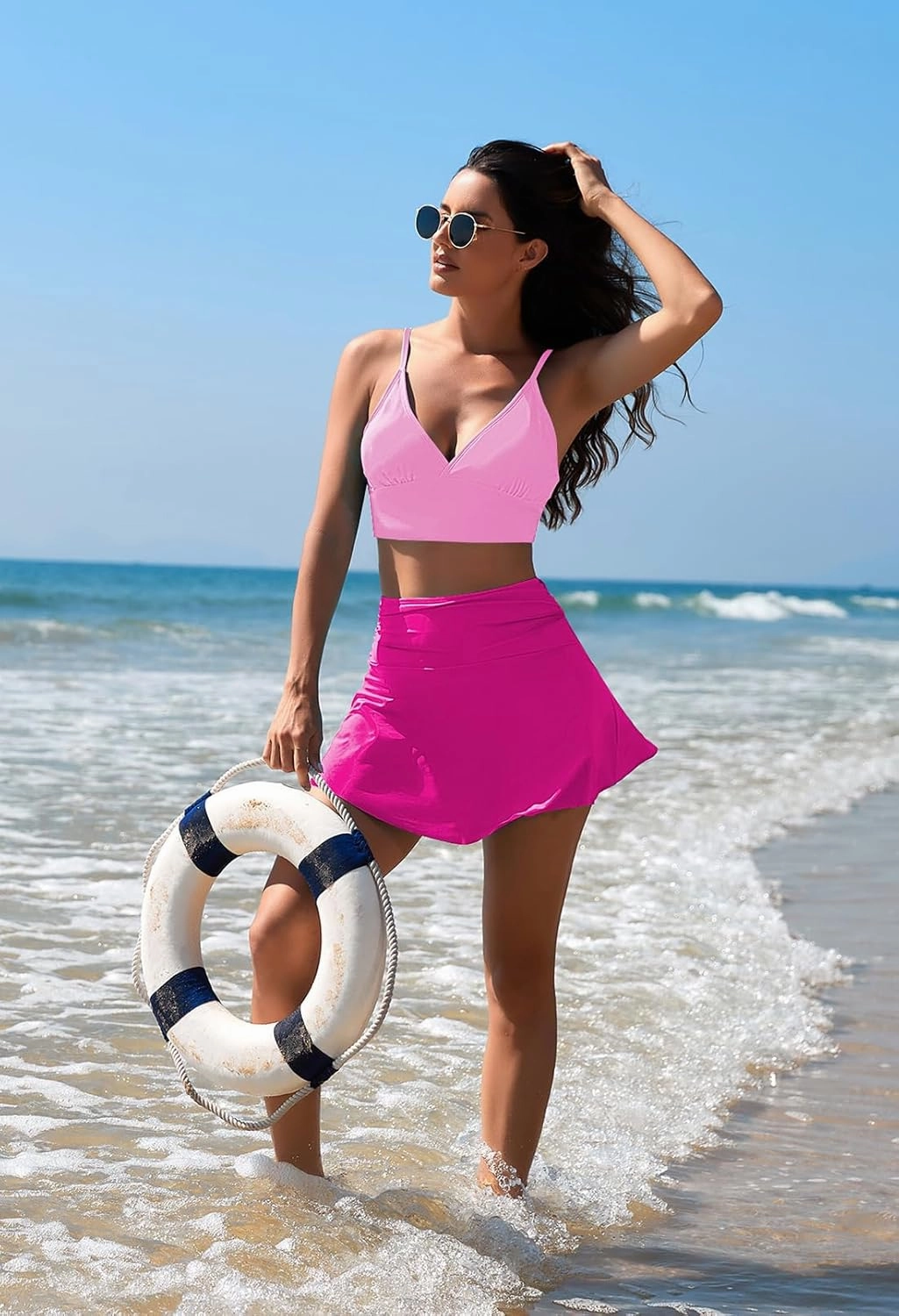 Pink Queen Women's High Waisted Bikini Set Two Piece Swimsuit V Neck Spaghetti Straps Swim Skirt Bathing Suit