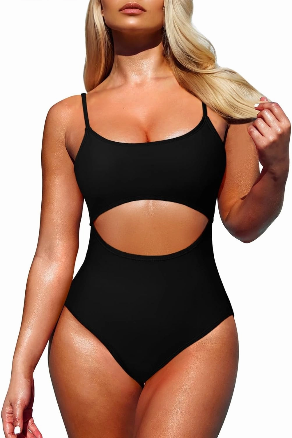 Pink Queen Women's One Piece Swimsuit Spaghetti Strap Scoop Neck Cutout High Waisted Bathing Suit Monokini