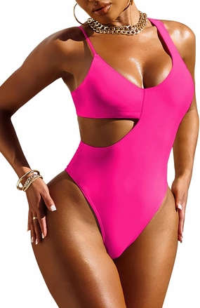 Pink Queen Women's Sexy One Piece Swimsuit Scoop Neck Cutout Waist Tummy Control Bathing Suit Swimwear
