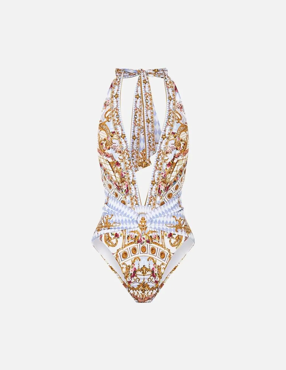 Plunge Neck Halter One Piece With Front Trim, Throne Games - B-C Cups