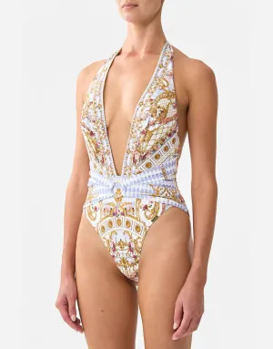 Plunge Neck Halter One Piece With Front Trim, Throne Games - B-C Cups